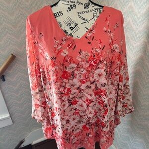 Roz & Ali Coral Floral V-Neck Tunic Top